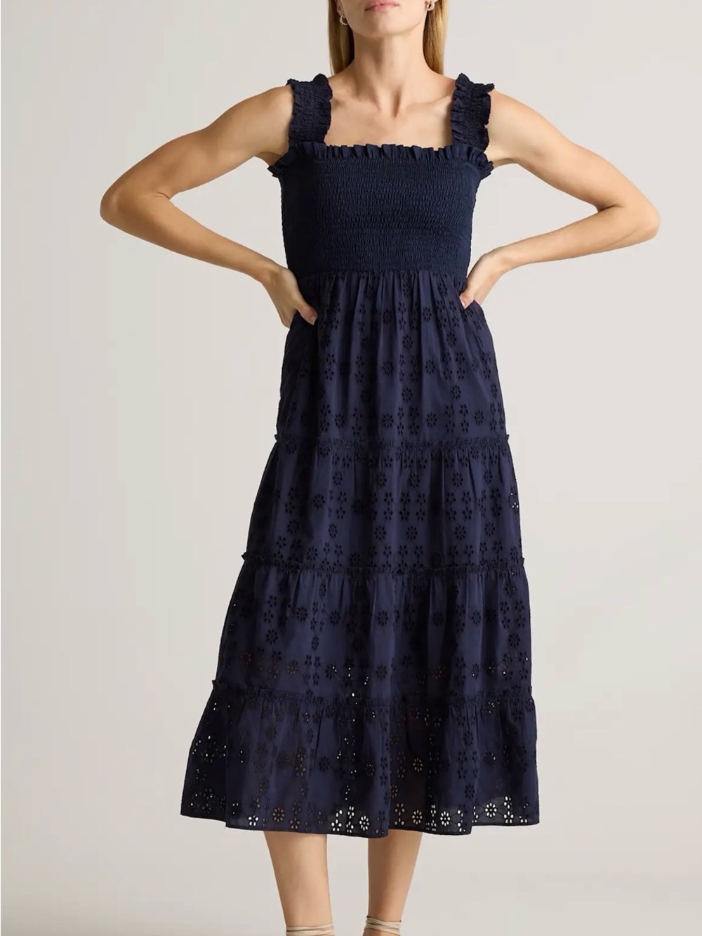 Quince XS Organic Cotton Eyelet Smocked Midi Dress in Navy